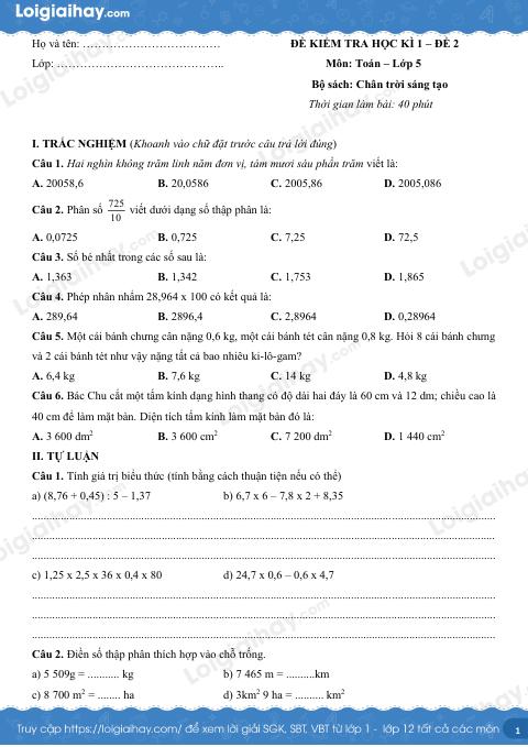 Đề kiểm tra học kì 1 Toán 5 Chân trời sáng tạo - Đề số 2